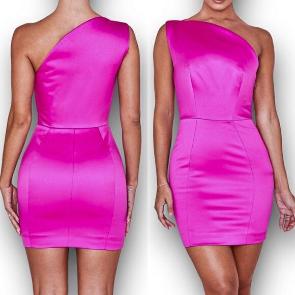 House of CB Ayelen One Shoulder Duchess Satin Mini Dress in Magenta, Size M - Picture 6 of 10